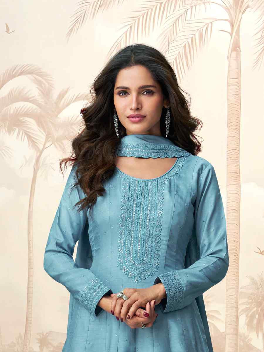 Sky Blue Premium Silk Embroidered Festival Casual Gown
