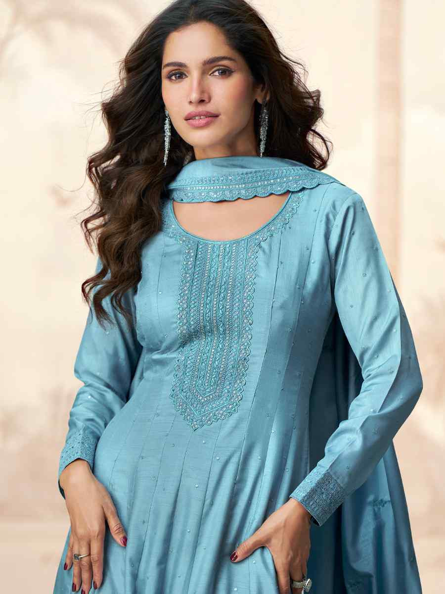 Sky Blue Premium Silk Embroidered Festival Casual Gown