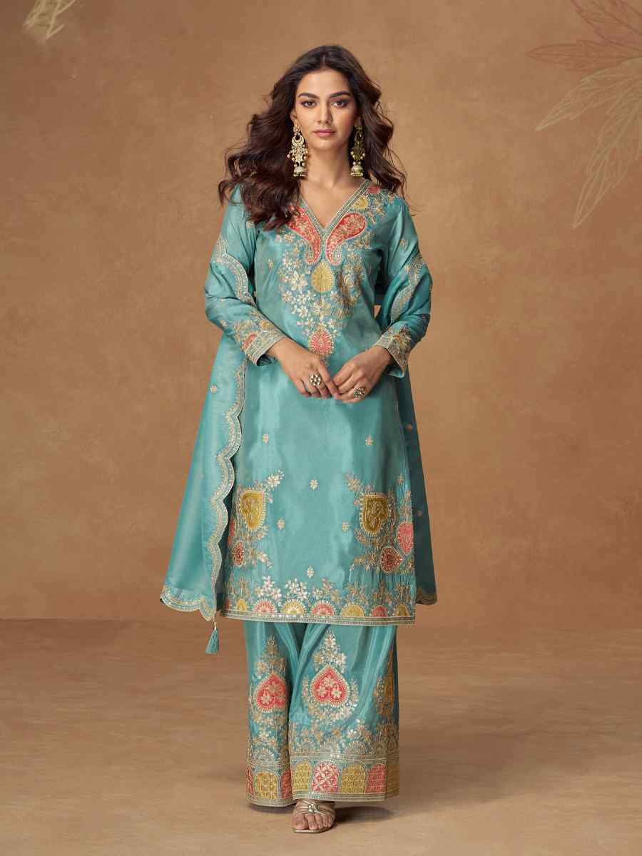 Sky Blue Premium Simar Silk Embroidery Party Wedding Festival Casual Ready Palazzo Salwar Kameez