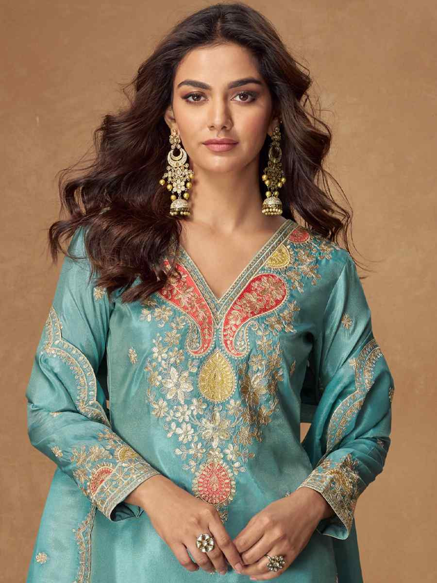 Sky Blue Premium Simar Silk Embroidery Party Wedding Festival Casual Ready Palazzo Salwar Kameez