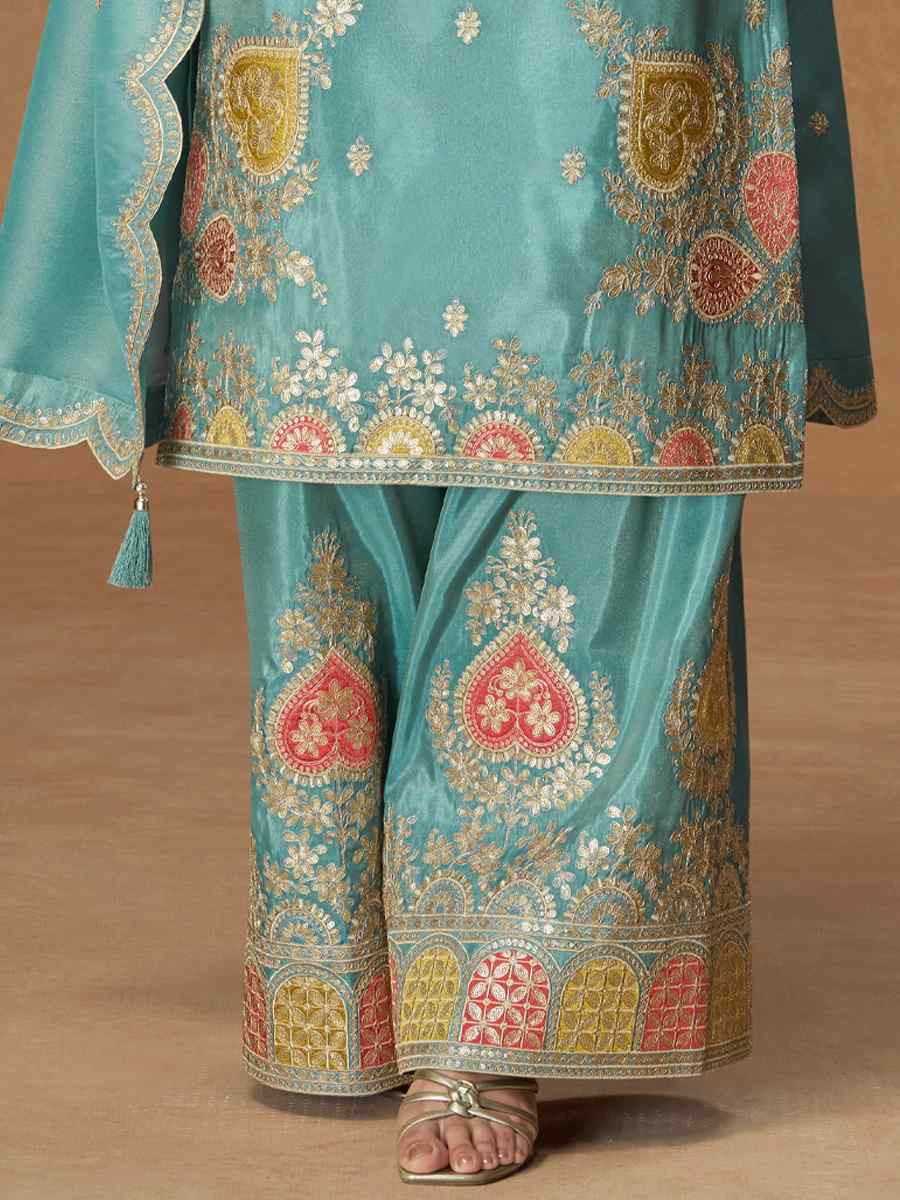 Sky Blue Premium Simar Silk Embroidery Party Wedding Festival Casual Ready Palazzo Salwar Kameez