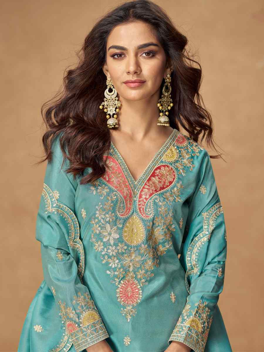 Sky Blue Premium Simar Silk Embroidery Party Wedding Festival Casual Ready Palazzo Salwar Kameez