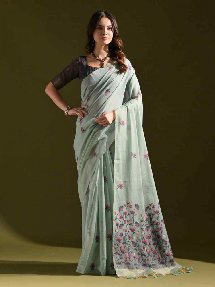 Image of Sky Blue Premium Soft Muga Cotton Handwoven Casual Reception Festival Wedding Fancy Classic Style Sarees