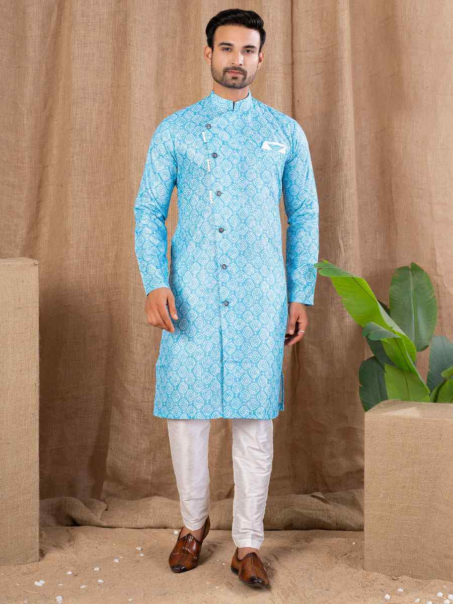 Sky Blue Printed Cotton Silk Embroidery Festival Wedding Party Mens Kurta