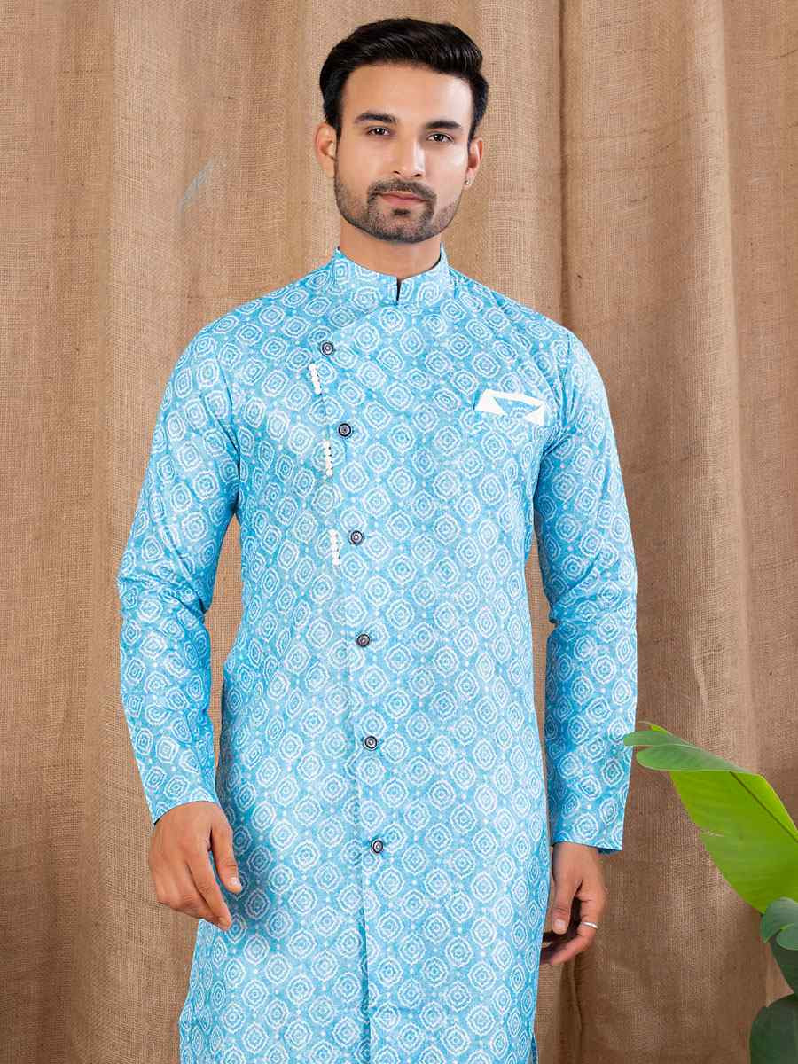Sky Blue Printed Cotton Silk Embroidery Festival Wedding Party Mens Kurta