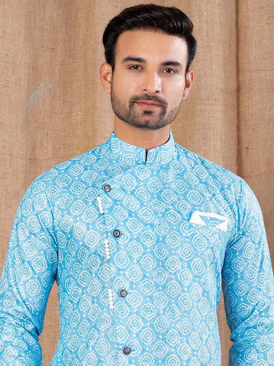 Sky Blue Printed Cotton Silk Embroidery Festival Wedding Party Mens Kurta