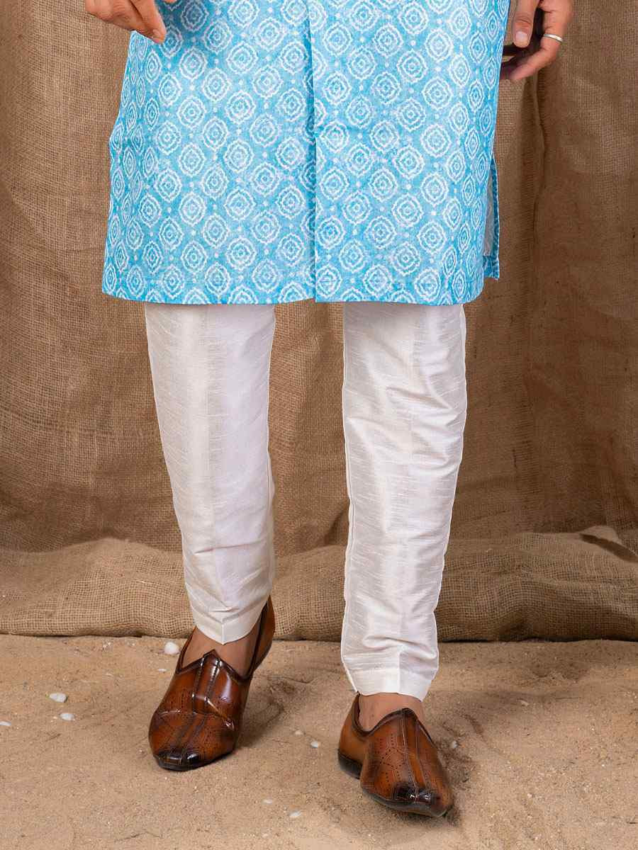 Sky Blue Printed Cotton Silk Embroidery Festival Wedding Party Mens Kurta