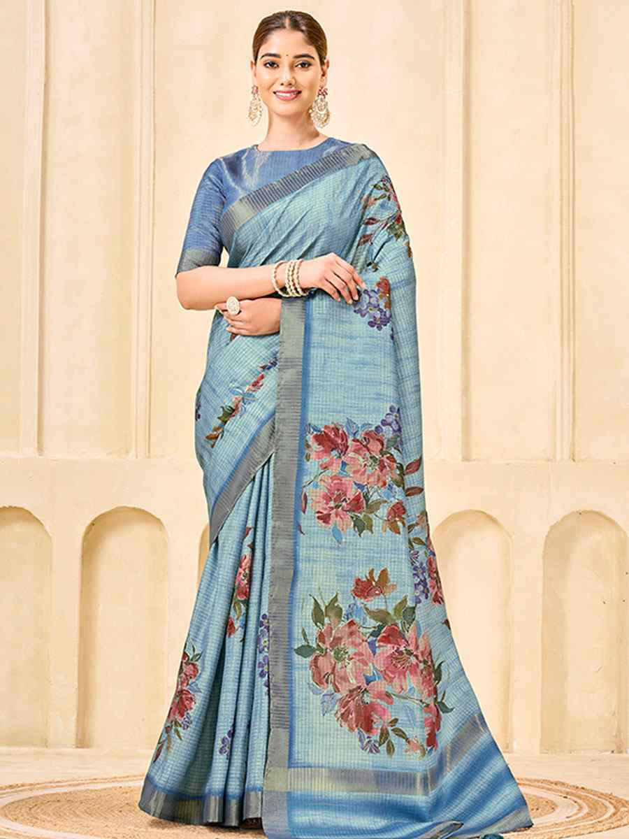Sky Blue Printed Handwoven Traditional Bridal Reception Festival Wedding Fancy Classic Style Sarees