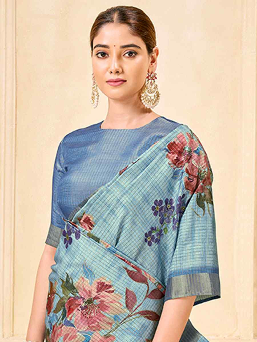 Sky Blue Printed Handwoven Traditional Bridal Reception Festival Wedding Fancy Classic Style Sarees