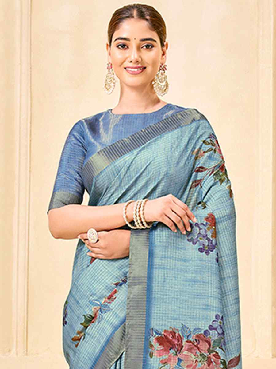 Sky Blue Printed Handwoven Traditional Bridal Reception Festival Wedding Fancy Classic Style Sarees