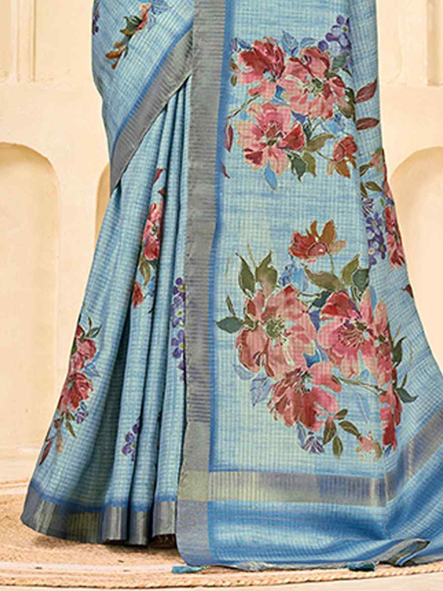 Sky Blue Printed Handwoven Traditional Bridal Reception Festival Wedding Fancy Classic Style Sarees