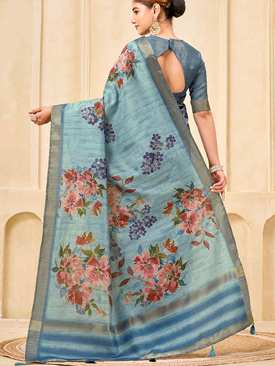 Sky Blue Printed Handwoven Traditional Bridal Reception Festival Wedding Fancy Classic Style Sarees