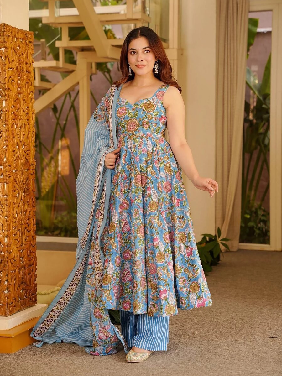 Sky Blue Printed Wedding Party Festival Casual Ready Anarkali Palazzo Pant Salwar Kameez