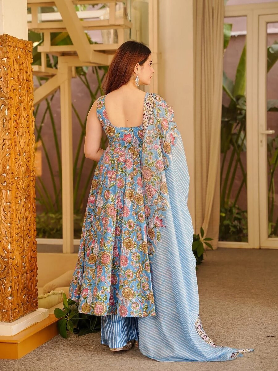 Sky Blue Printed Wedding Party Festival Casual Ready Anarkali Palazzo Pant Salwar Kameez