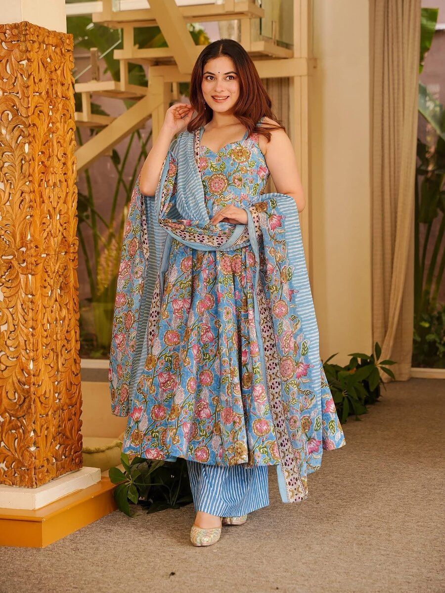Sky Blue Printed Wedding Party Festival Casual Ready Anarkali Palazzo Pant Salwar Kameez