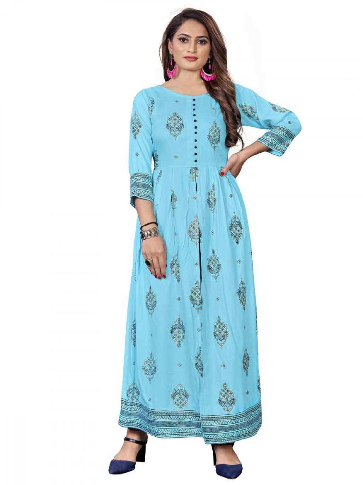 Sky Blue Pure 14KG Rayon With A-Line Cut Printed Party Casual Gown