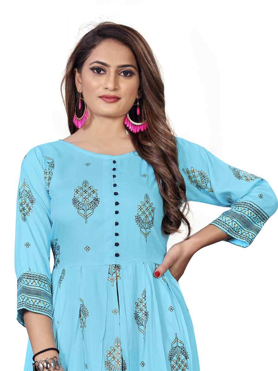 Sky Blue Pure 14KG Rayon With A-Line Cut Printed Party Casual Gown