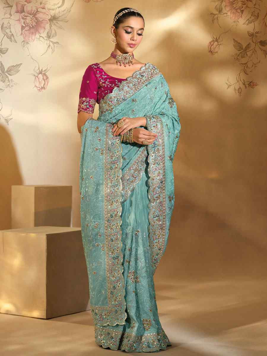 Sky Blue Pure Banarasi  Embroidery Traditional Bridal Reception Festival Wedding Fancy Heavy Border Saree