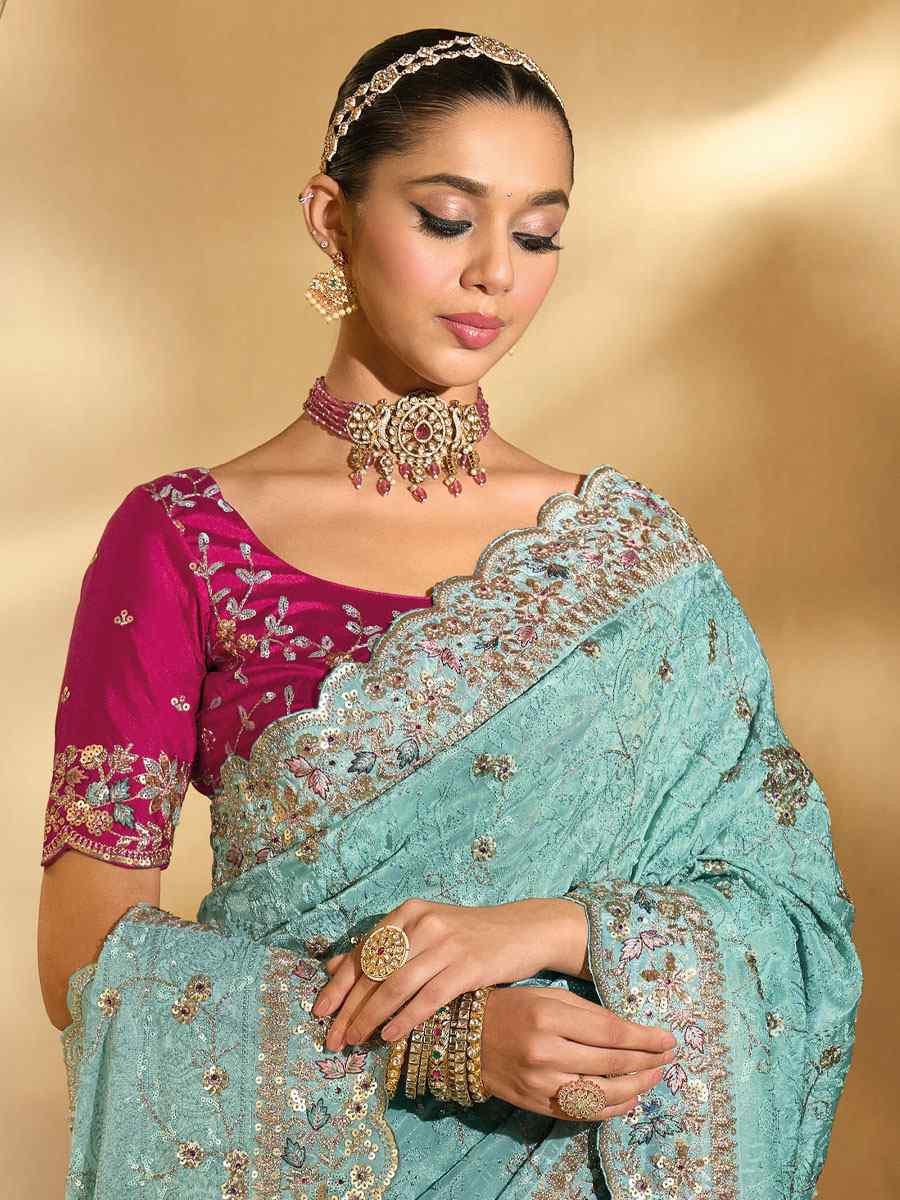 Sky Blue Pure Banarasi  Embroidery Traditional Bridal Reception Festival Wedding Fancy Heavy Border Saree