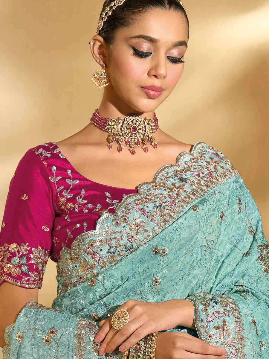 Sky Blue Pure Banarasi Embroidery Traditional Bridal Reception Festival Wedding Fancy Heavy Border Saree