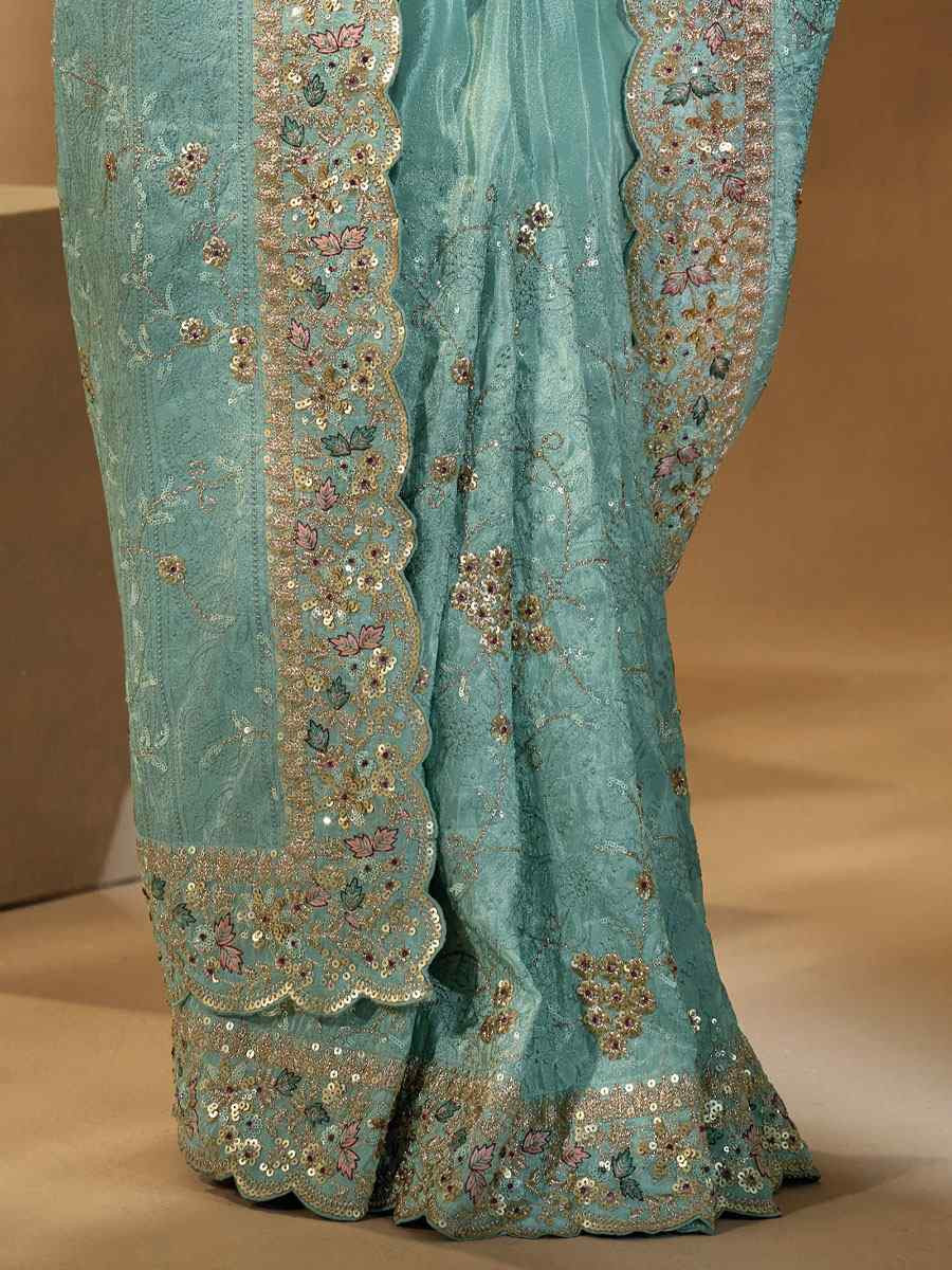 Sky Blue Pure Banarasi Embroidery Traditional Bridal Reception Festival Wedding Fancy Heavy Border Saree
