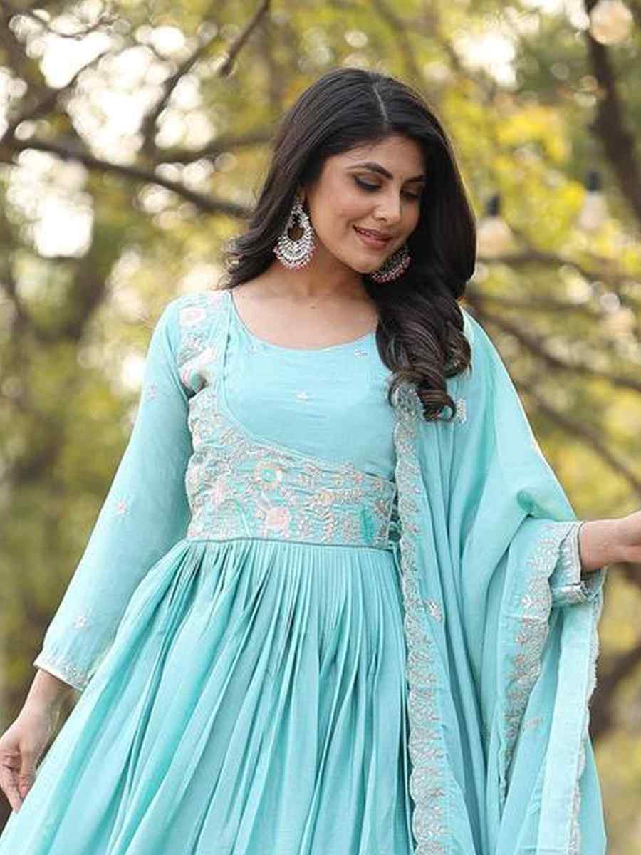 Sky Blue Pure Chinon Embroidered Festival Mehendi Gown