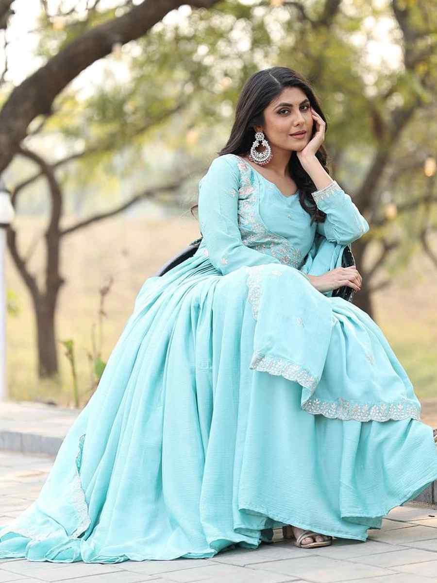 Sky Blue Pure Chinon Embroidered Festival Mehendi Gown