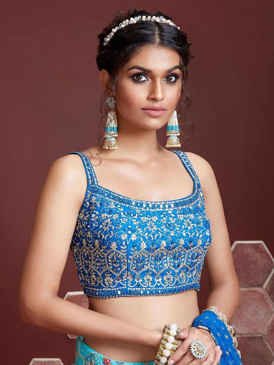 Sky Blue Pure Chinon Silk Embroidered Bridesmaid Wedding Heavy Border Lehenga Choli