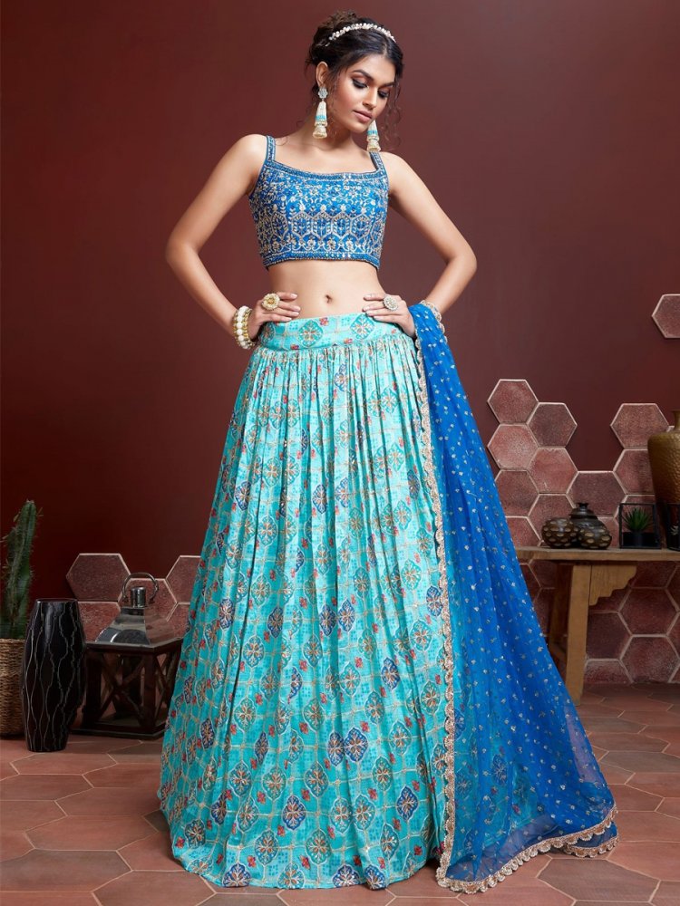 Sky Blue Pure Chinon Silk Embroidered Bridesmaid Wedding Heavy Border Lehenga Choli