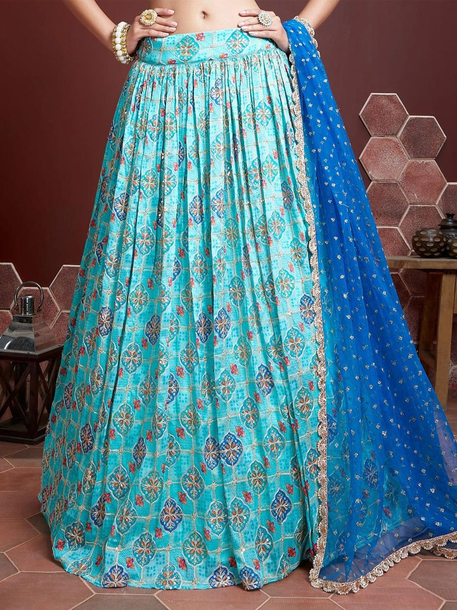 Sky Blue Pure Chinon Silk Embroidered Bridesmaid Wedding Heavy Border Lehenga Choli