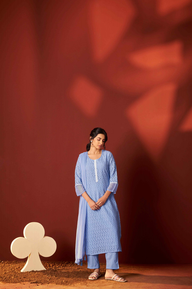 Image of Sky Blue Pure Cotton Embroidery Party Wedding Festival Casual Ready Pant Salwar Kameez