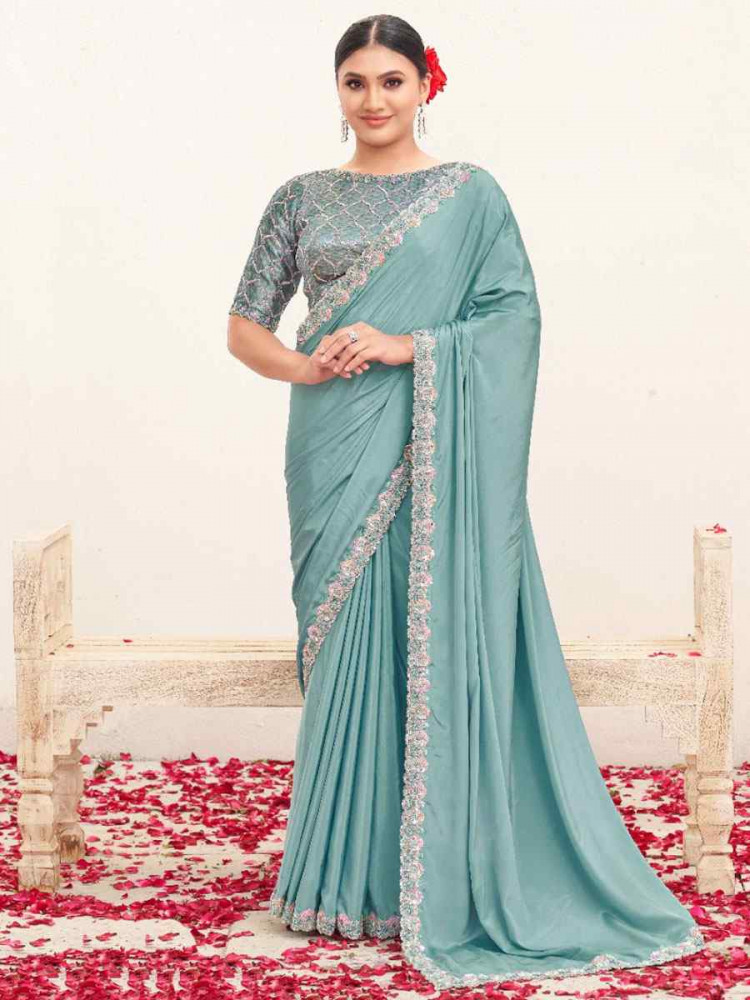 Image of Sky Blue Pure Crepe Silk Embroidery Festival Wedding Fancy Classic Heavy Border Saree