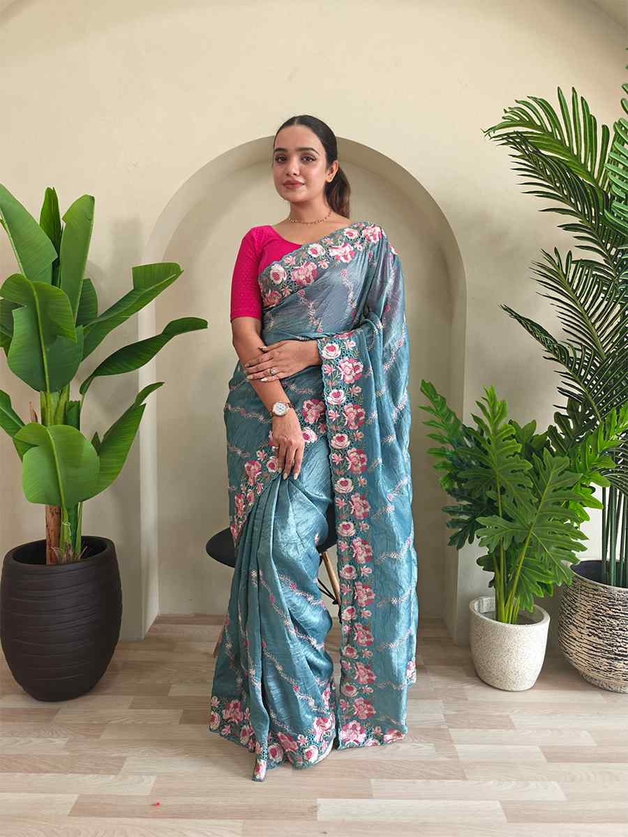 Sky Blue Pure Crush Silk Embroidered Festival Wedding Fancy Heavy Border Saree