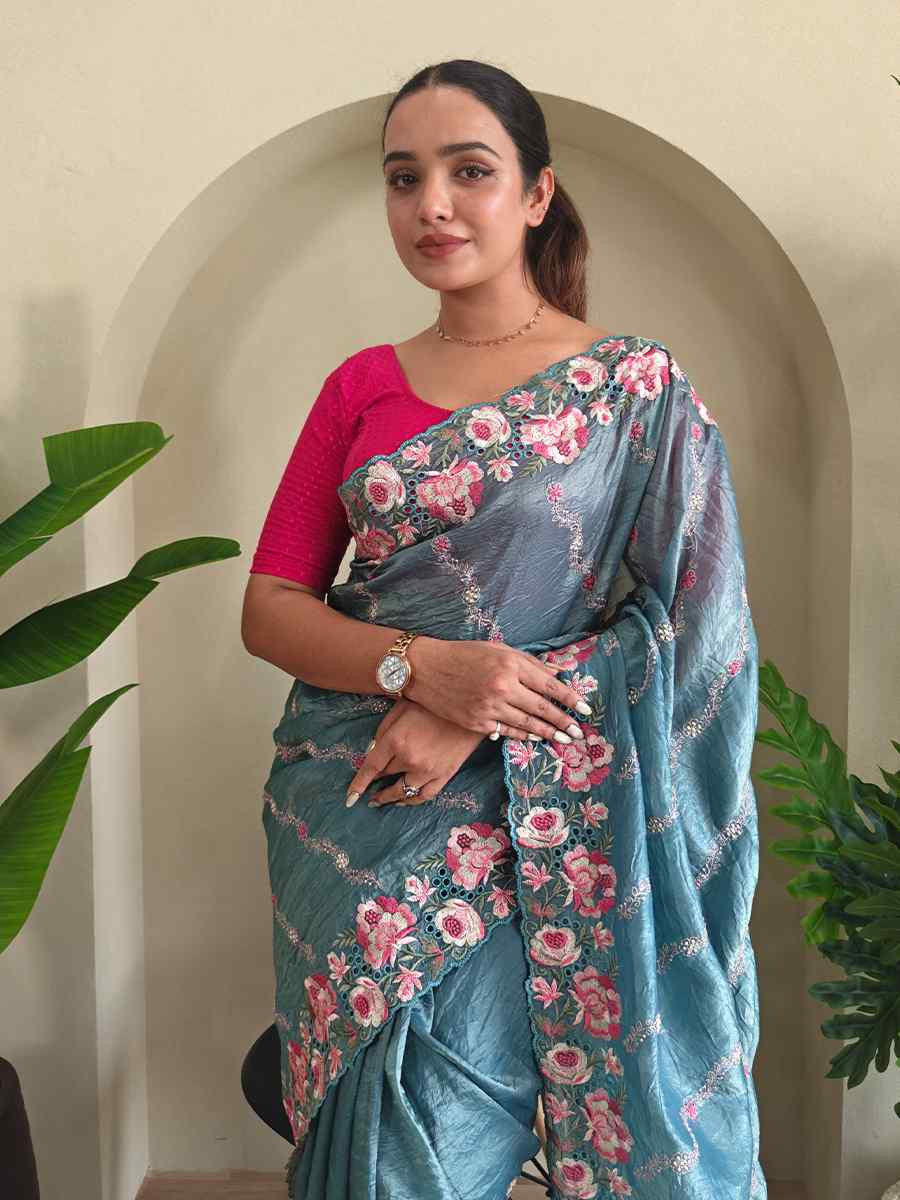 Sky Blue Pure Crush Silk Embroidered Festival Wedding Fancy Heavy Border Saree
