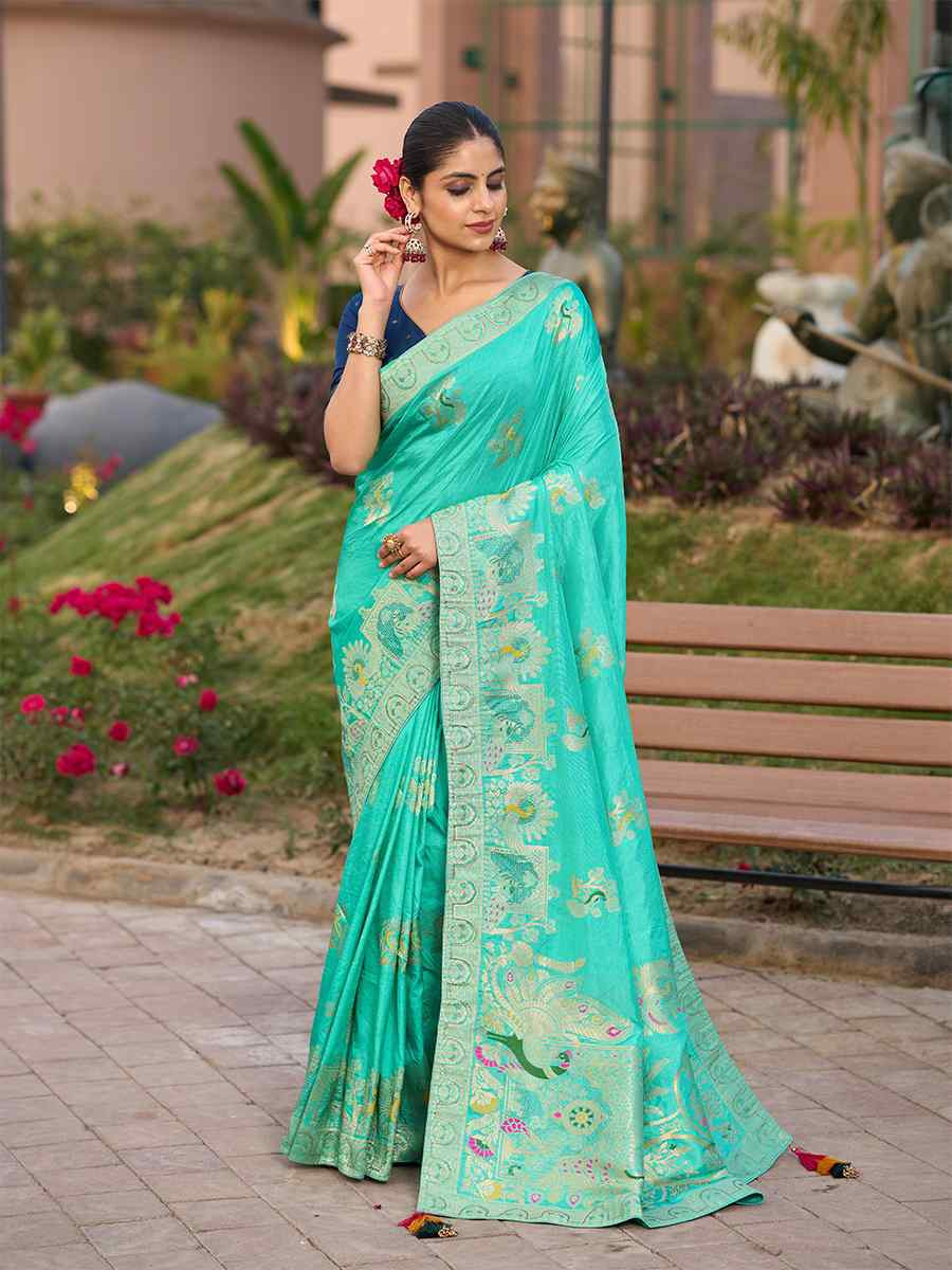 Sky Blue Pure Dola Silk Handwoven Festival Wedding Fancy Heavy Border Saree