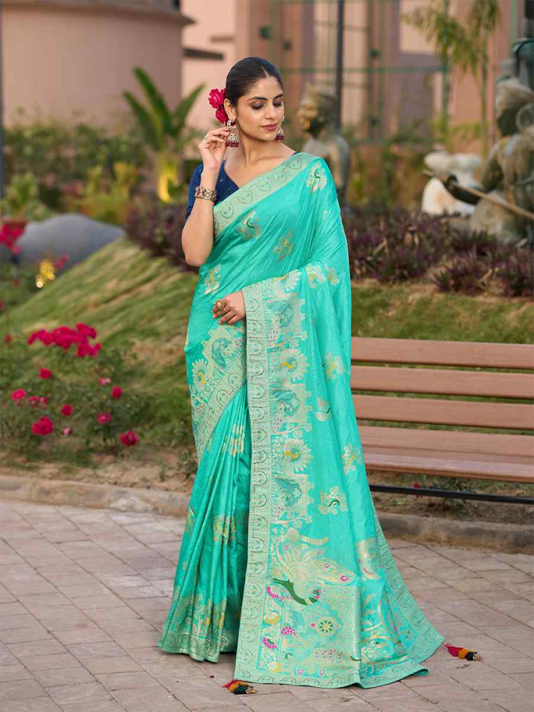Sky Blue Pure Dola Silk Handwoven Festival Wedding Fancy Heavy Border Saree