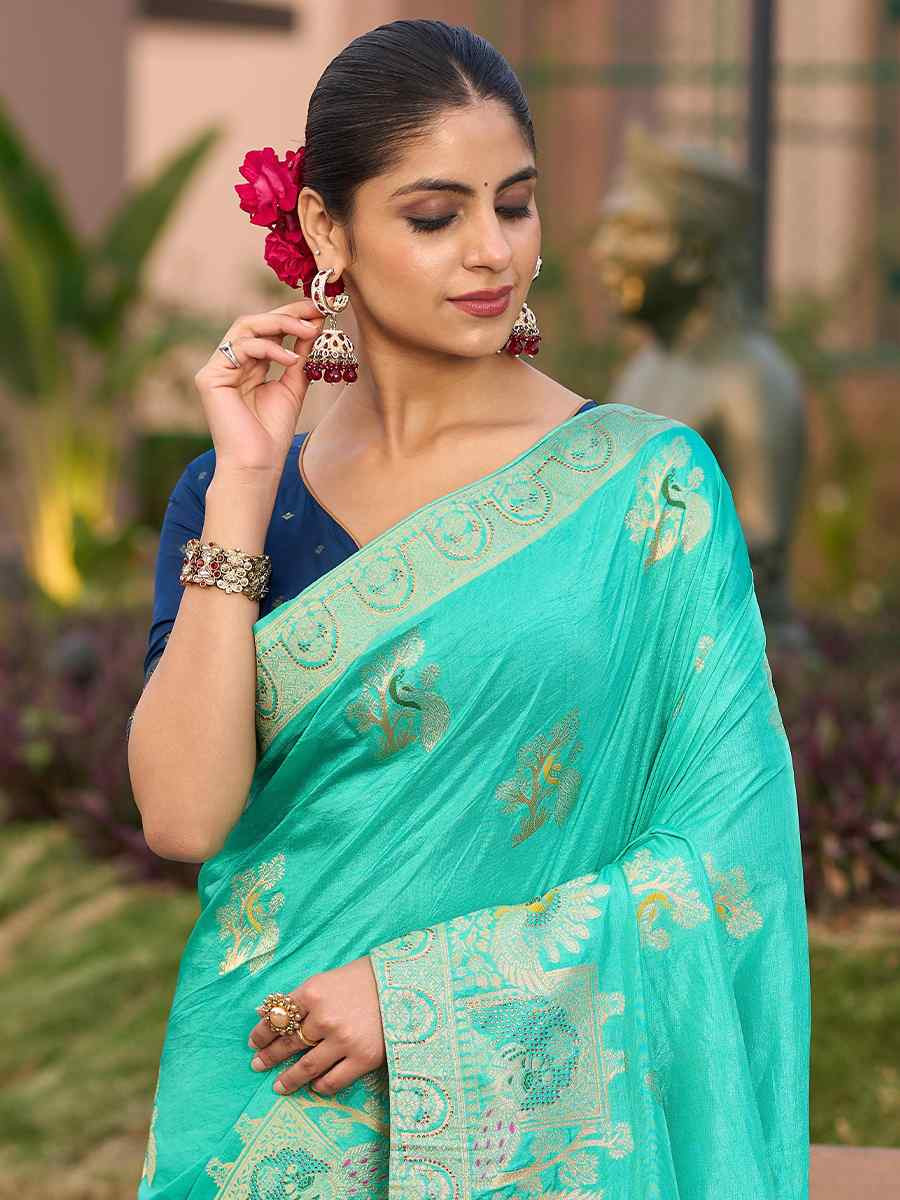 Sky Blue Pure Dola Silk Handwoven Festival Wedding Fancy Heavy Border Saree