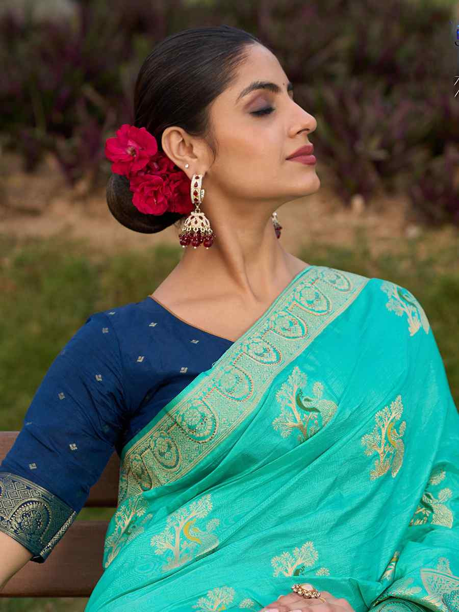 Sky Blue Pure Dola Silk Handwoven Festival Wedding Fancy Heavy Border Saree