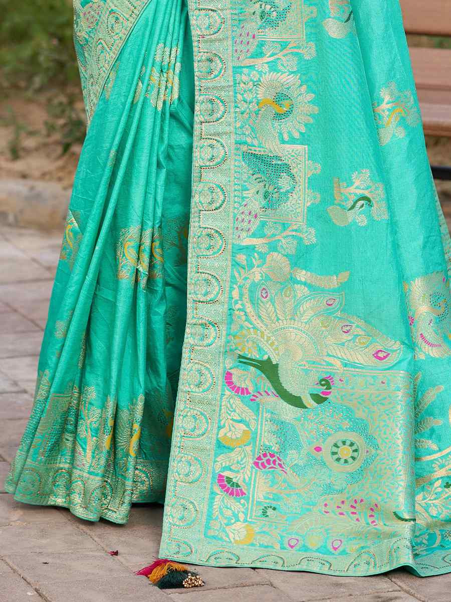 Sky Blue Pure Dola Silk Handwoven Festival Wedding Fancy Heavy Border Saree