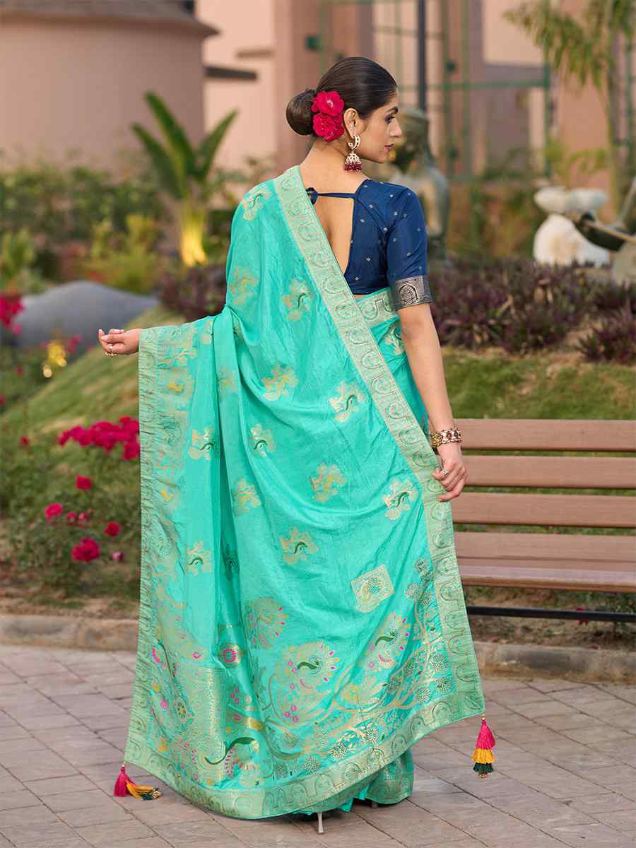 Sky Blue Pure Dola Silk Handwoven Festival Wedding Fancy Heavy Border Saree