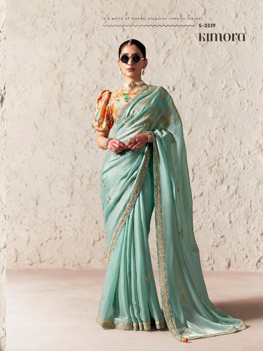Sky Blue Pure Fancy Tissue Silk Zari Sequins Wedding Reception Party Festival Heavy Border Sarees