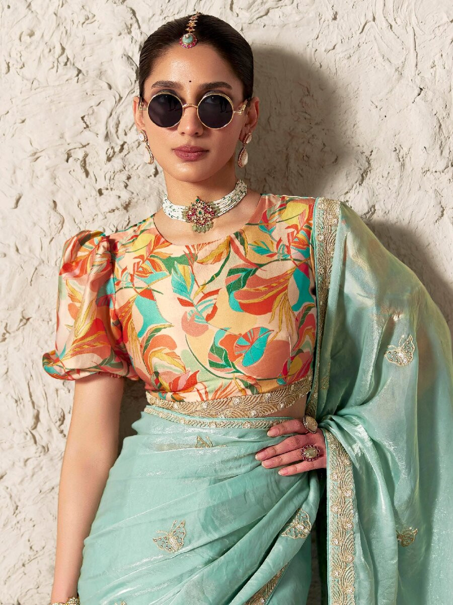 Sky Blue Pure Fancy Tissue Silk Zari Sequins Wedding Reception Party Festival Heavy Border Sarees