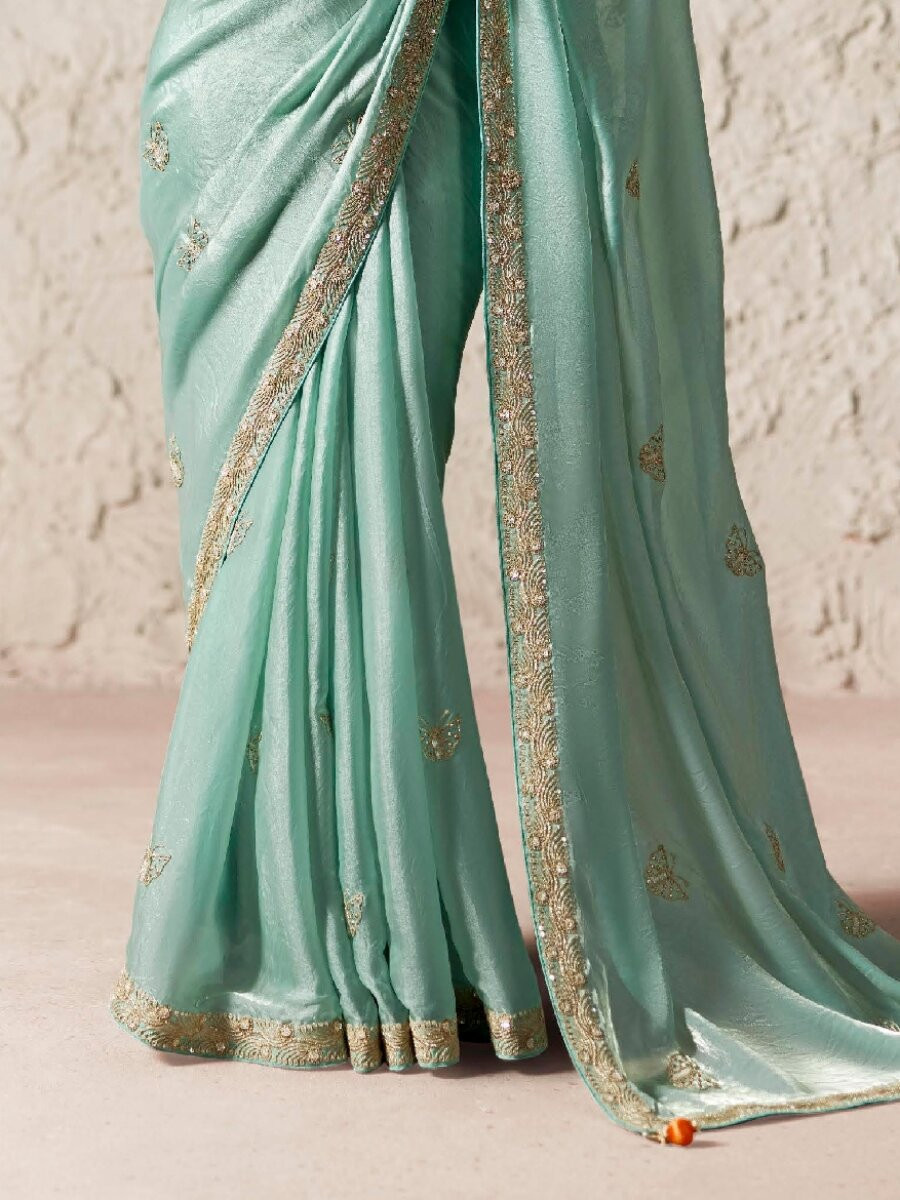 Sky Blue Pure Fancy Tissue Silk Zari Sequins Wedding Reception Party Festival Heavy Border Sarees