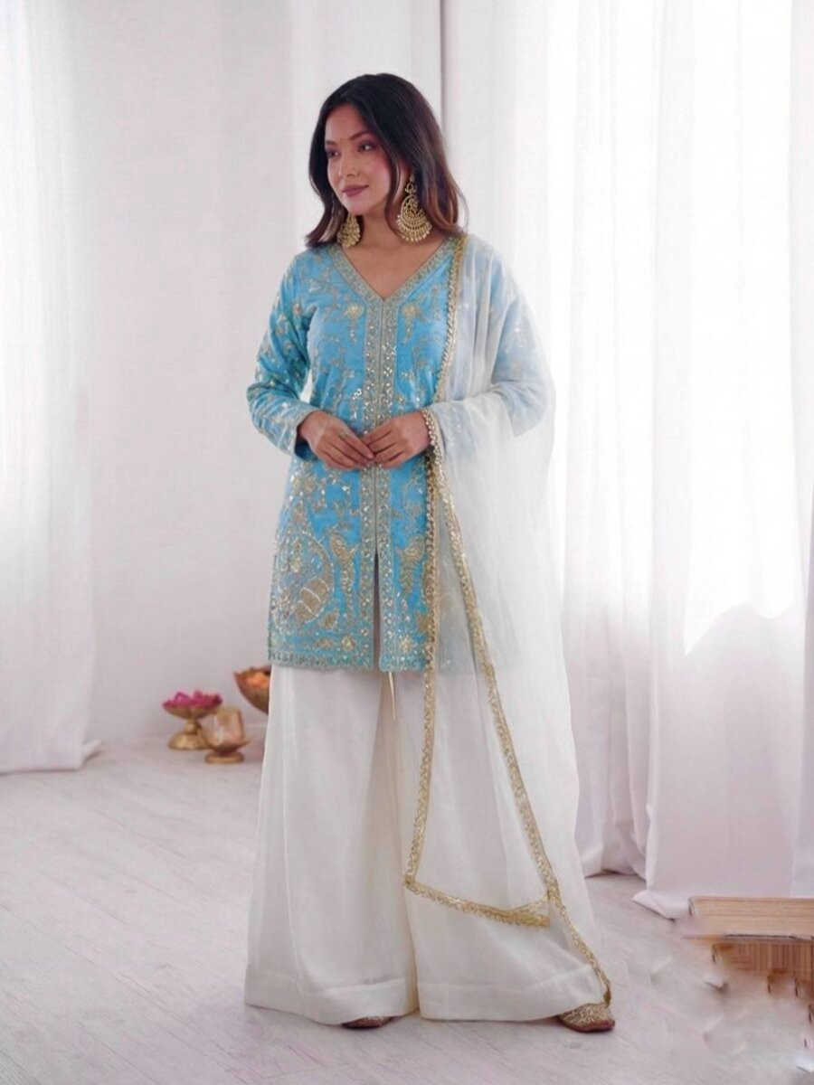 Sky Blue Pure Fendy Silk Embroidery Sequins Wedding Party Festival Casual Ready Palazzo Pant Salwar Kameez