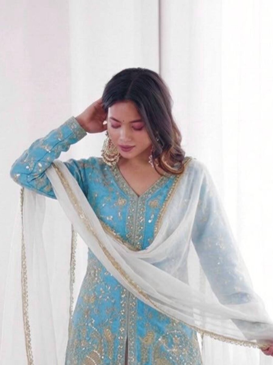 Sky Blue Pure Fendy Silk Embroidery Sequins Wedding Party Festival Casual Ready Palazzo Pant Salwar Kameez