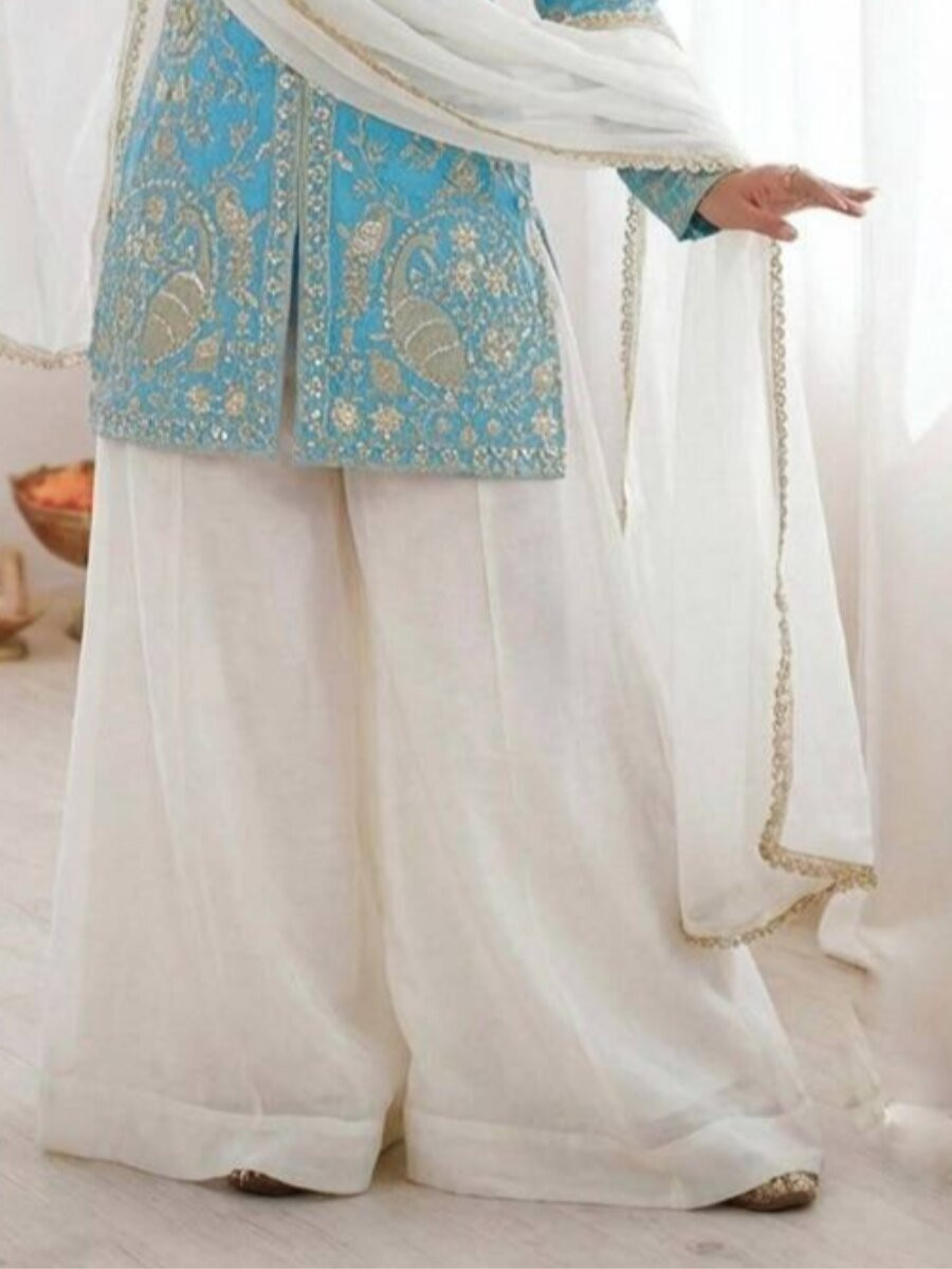 Sky Blue Pure Fendy Silk Embroidery Sequins Wedding Party Festival Casual Ready Palazzo Pant Salwar Kameez