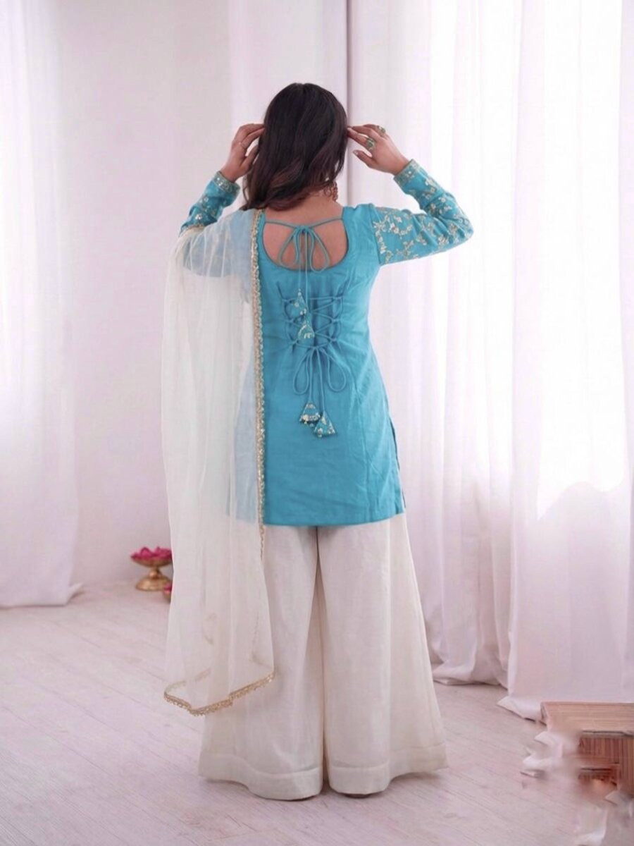 Sky Blue Pure Fendy Silk Embroidery Sequins Wedding Party Festival Casual Ready Palazzo Pant Salwar Kameez