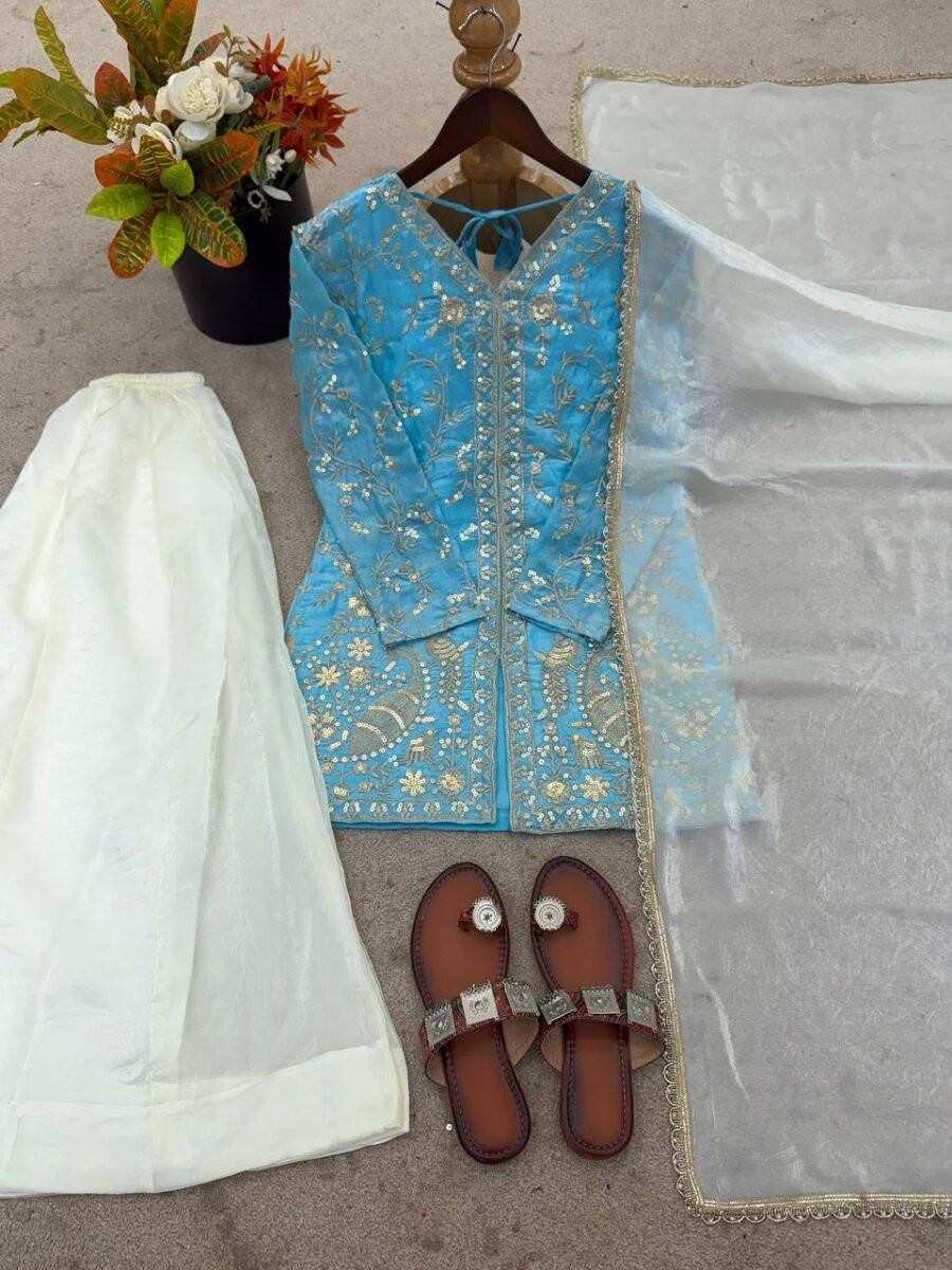 Sky Blue Pure Fendy Silk Embroidery Sequins Wedding Party Festival Casual Ready Palazzo Pant Salwar Kameez
