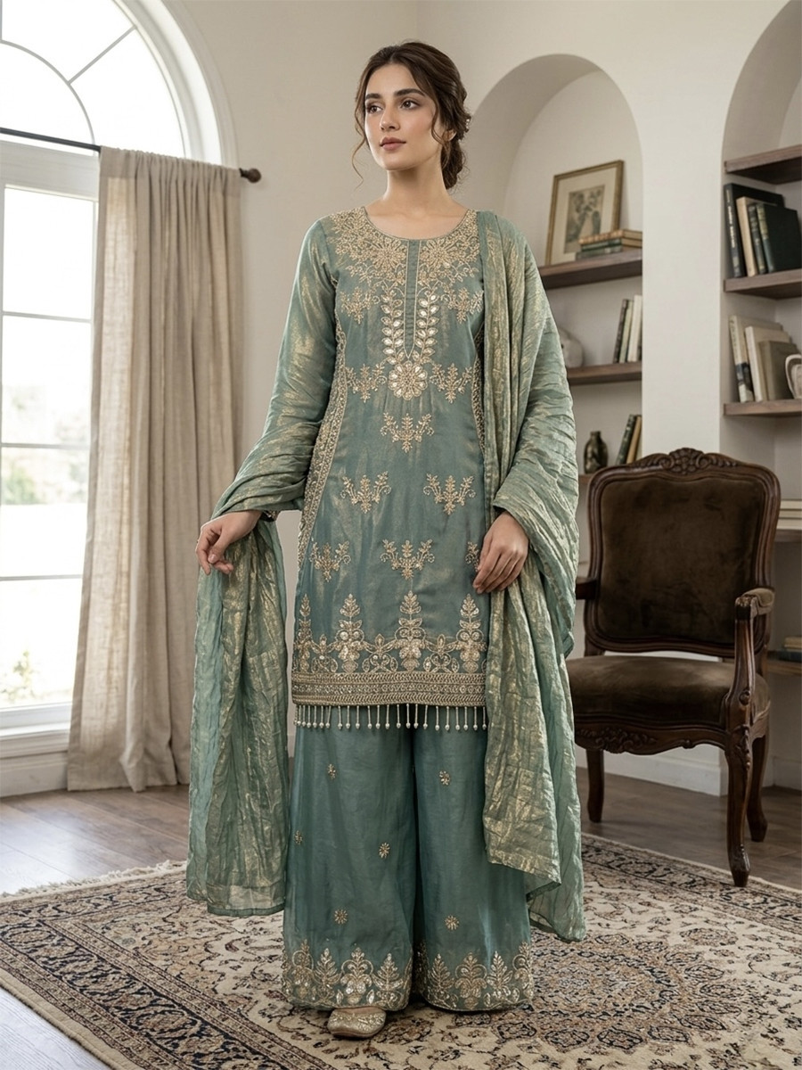 Sky Blue Pure Fendy Silk Embroidery Stone Work Wedding Party Festival Casual Ready Palazzo Pant Salwar Kameez