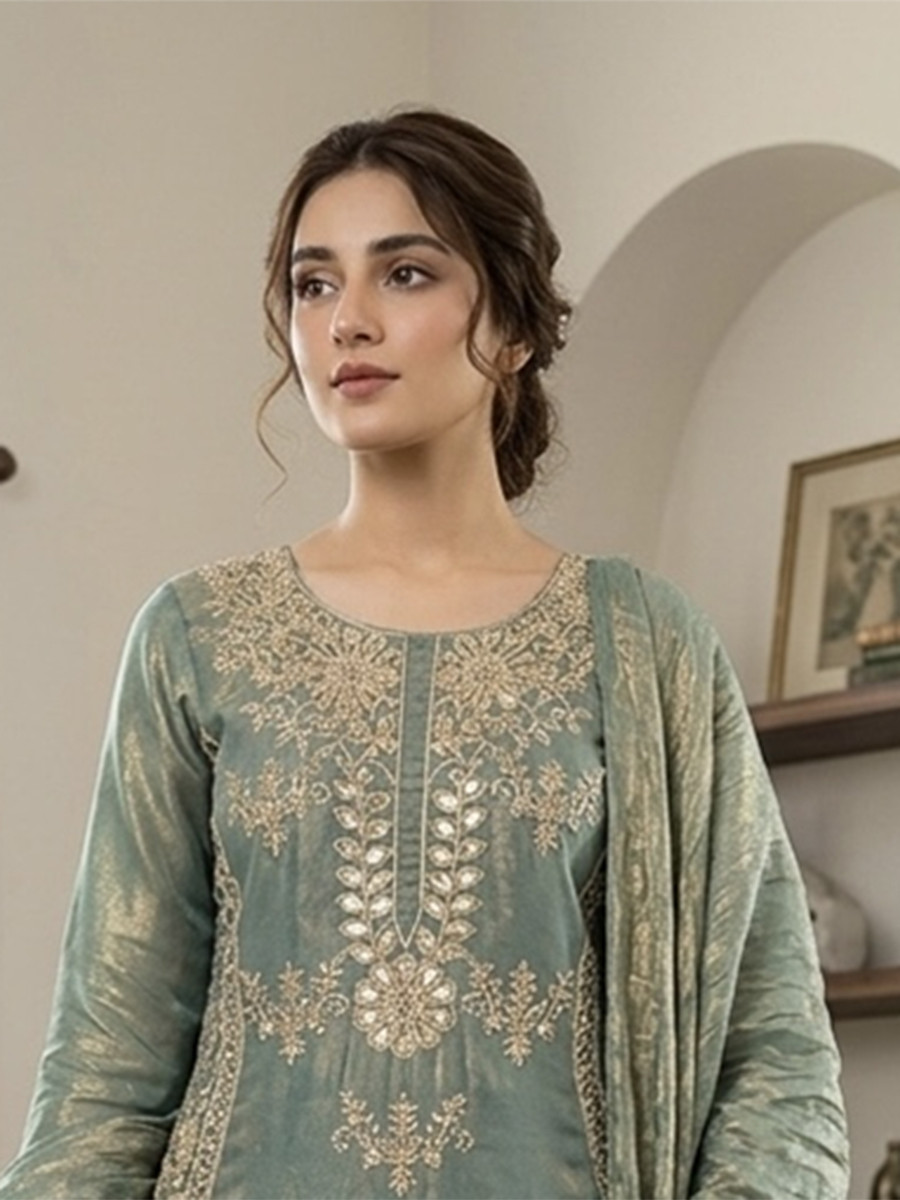 Sky Blue Pure Fendy Silk Embroidery Stone Work Wedding Party Festival Casual Ready Palazzo Pant Salwar Kameez